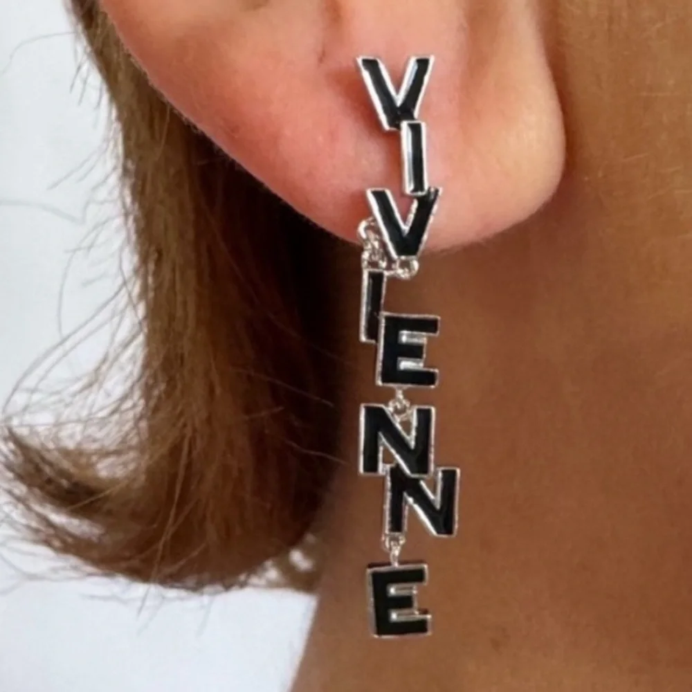 VIVIENNE WESTWOOD Soho Enamel Drop Logo Letter Earrings Blue Silver Crystal Orb - Picture 13 of 14